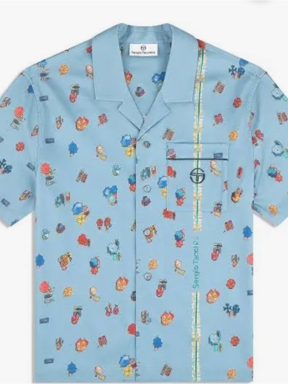 Sergio Tacchini Light Blue Short-Sleeve Shirt with Multicolor Umbrella Print NwT